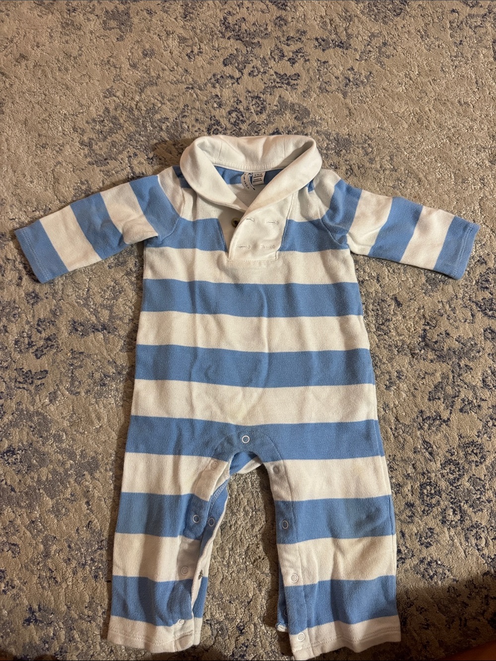 Janie and Jack Striped Shawl Collar blue & white One-Piece 6-12 months - worn 1x